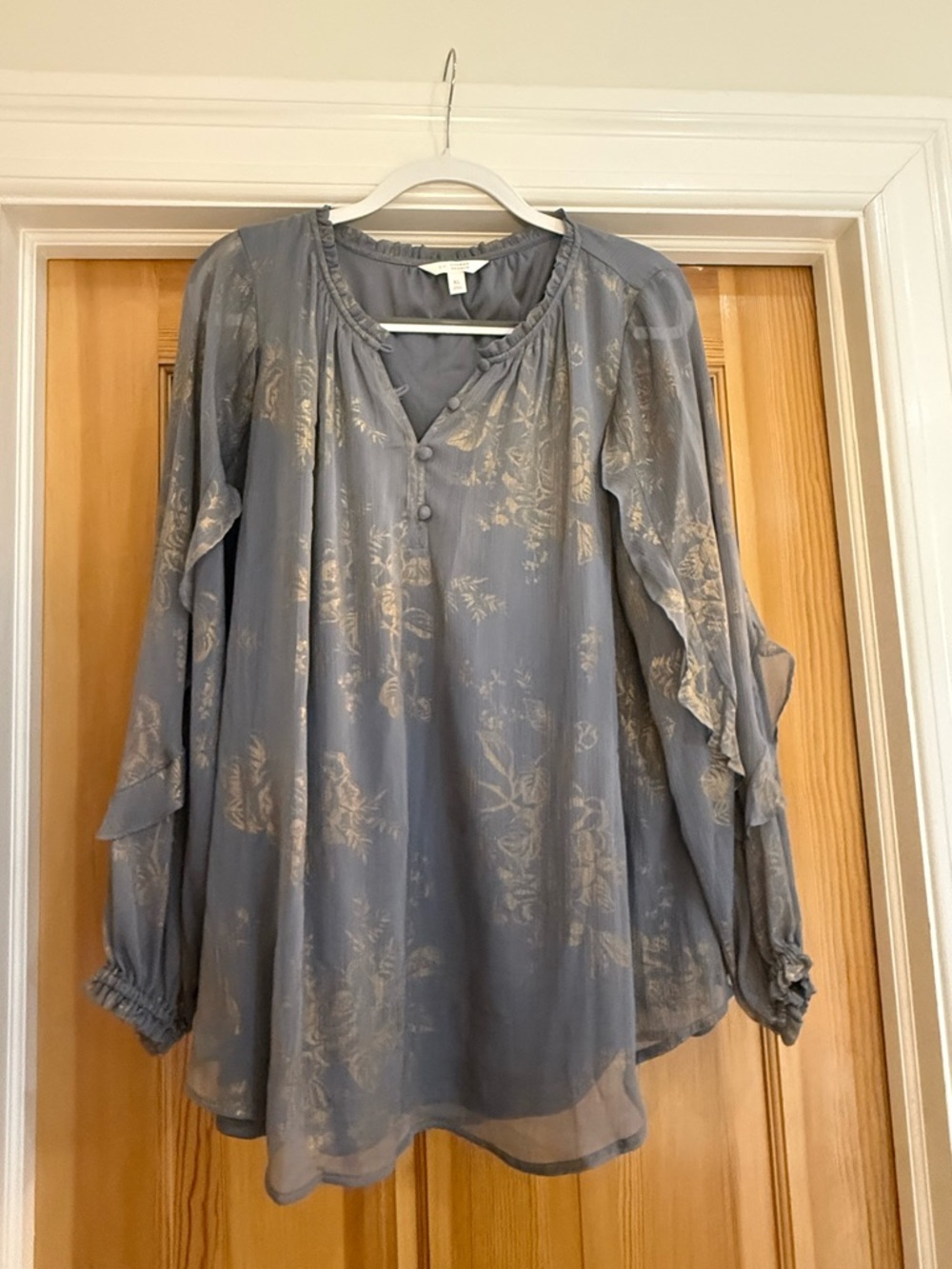 LC Lauren Conrad Dusty Blue Metallic Floral Ruffle Blouse